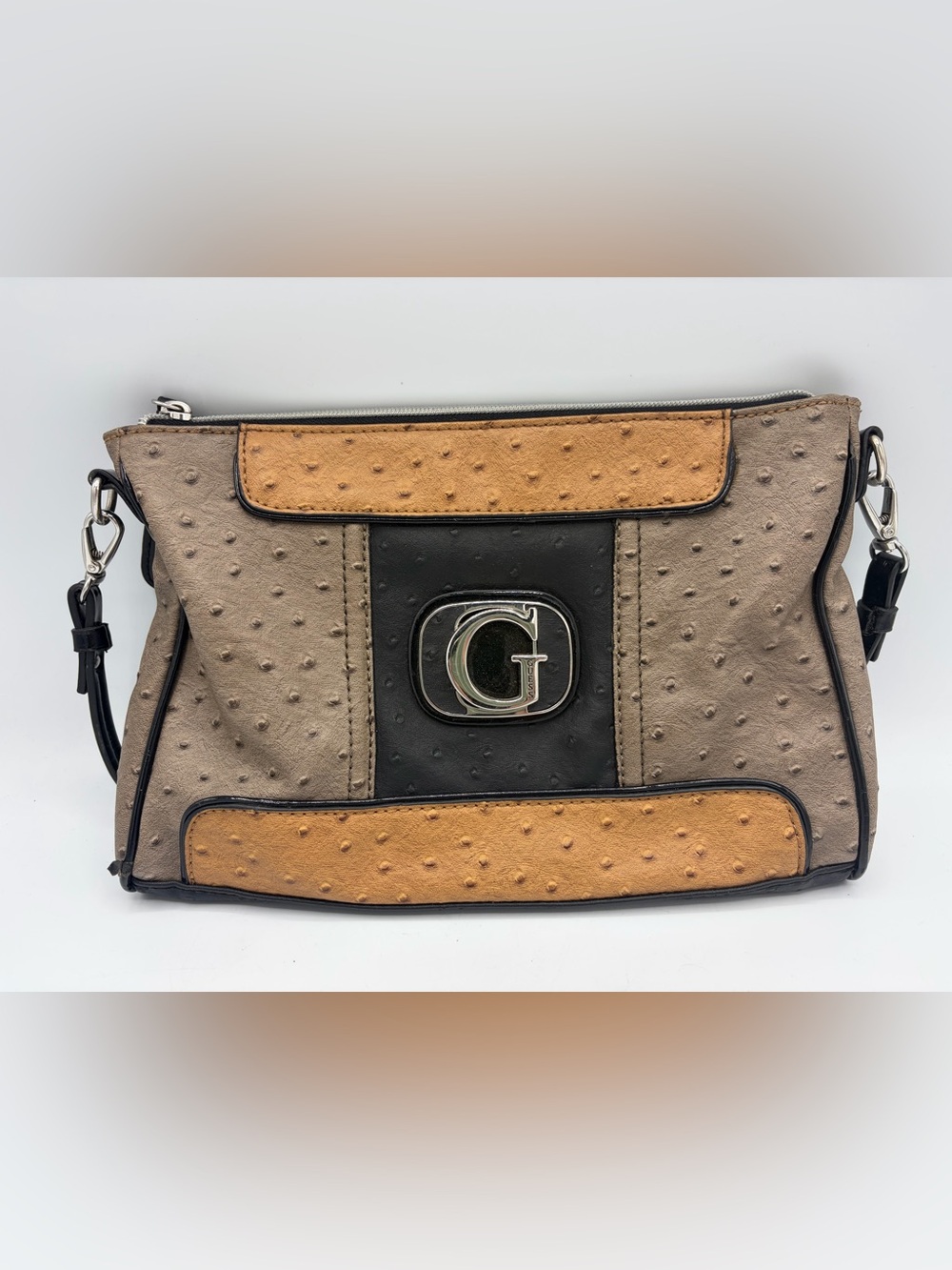 Guess by Marciano Ostrich-Embossed Tricolor Clutch - Tan, Taupe & Black